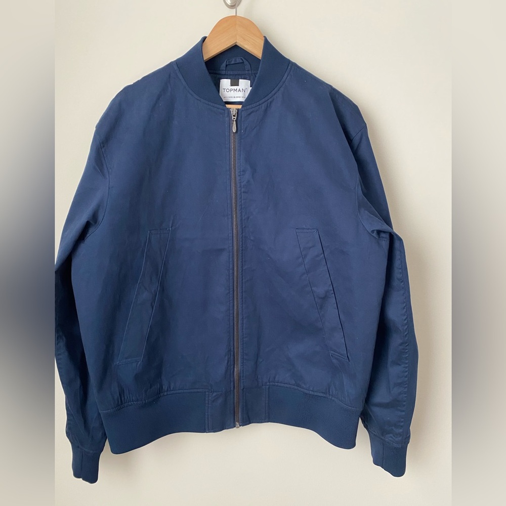 Topman Mens Bomber Blue Navy Jacket Medium EUC Zip Up Snap Pockets